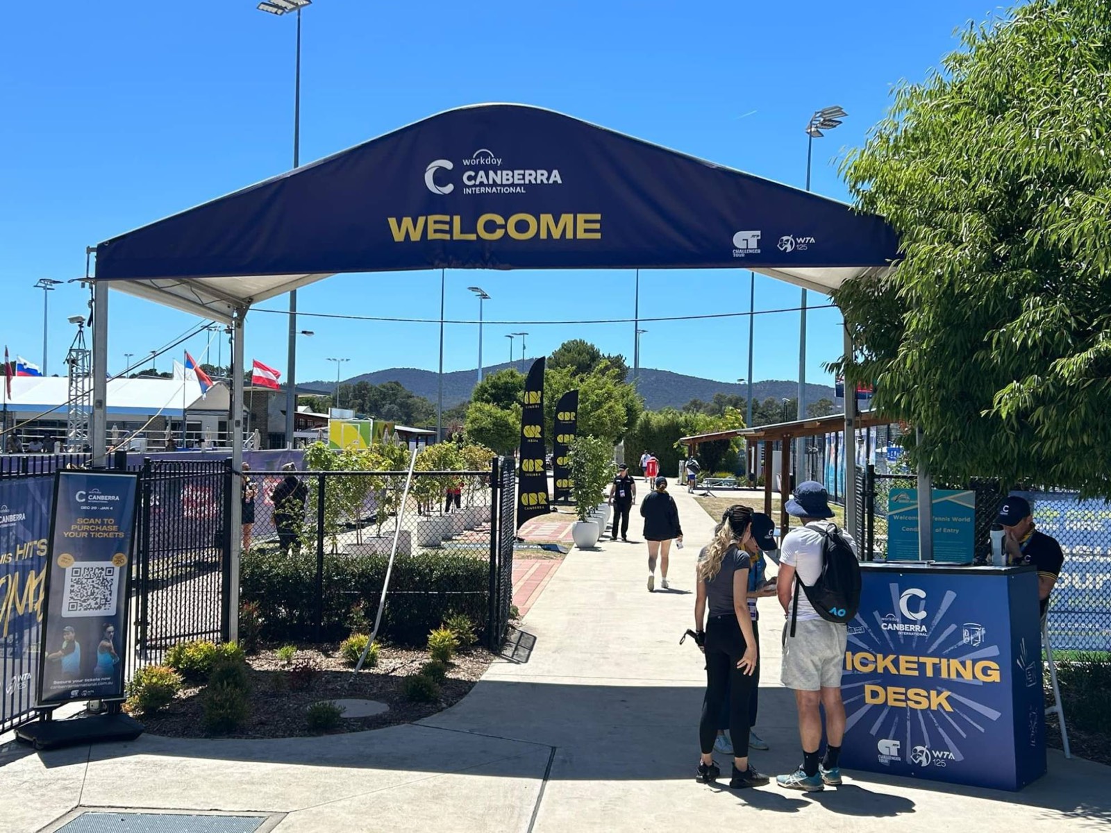 Welcome arch and ticketing desk at the Canberra International tennis
