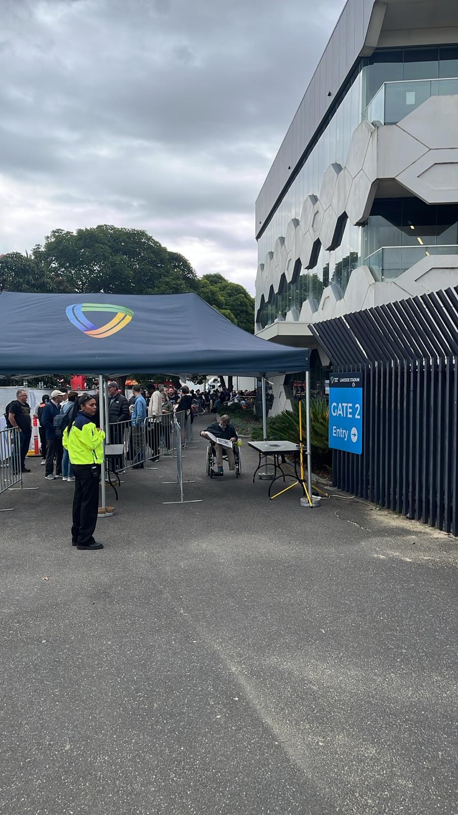 Fans queueing at Gate 2, Lakeside Stadium