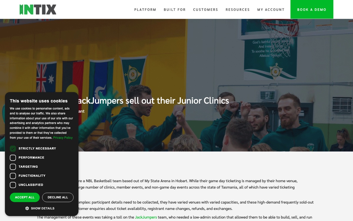 Case study showing how Tasmania JackJumpers sell out their Junior Clinics using INTIX