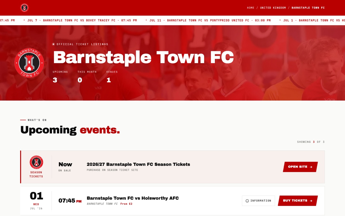 Live INTIX customer page for Barnstaple Town FC showing fixtures, season tickets, and club branding