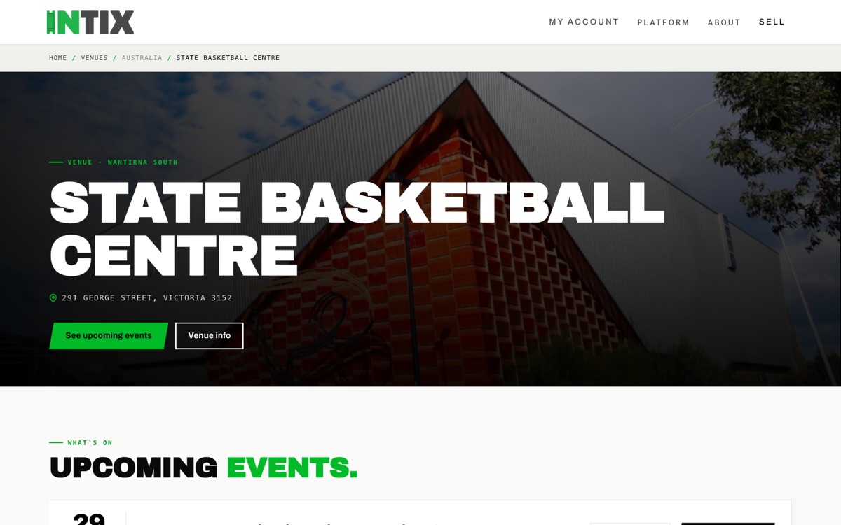 Live INTIX customer page for State Basketball Centre running multiple event types on one platform